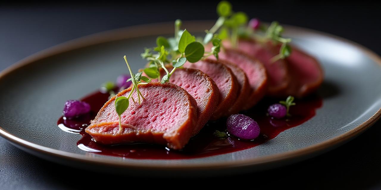 Modern interpretierter Sauerbraten mit künstlerischer Garnitur