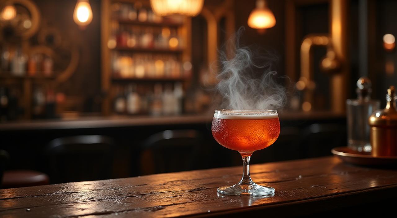 Close-up eines rauchenden Cocktails auf einem Tresen mit antiken Zahnrädern